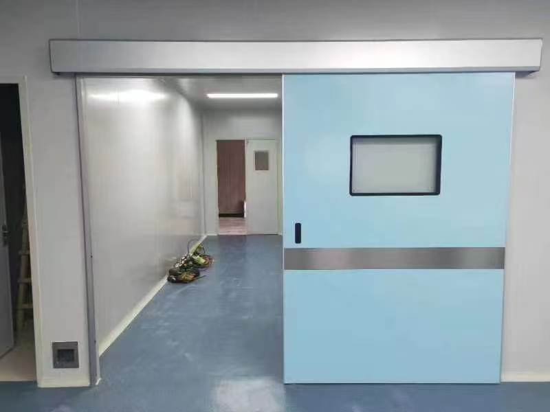 浅蓝色自动感应平移门 洁净室通道 不锈钢边框带观察窗